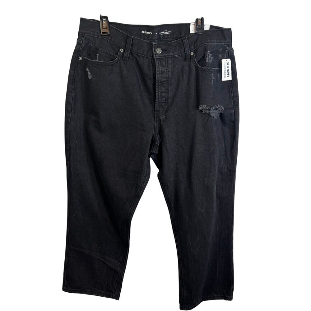 NWT Old Navy High Rise Button Fly Slouchy Straight Black Jeans Womens 14